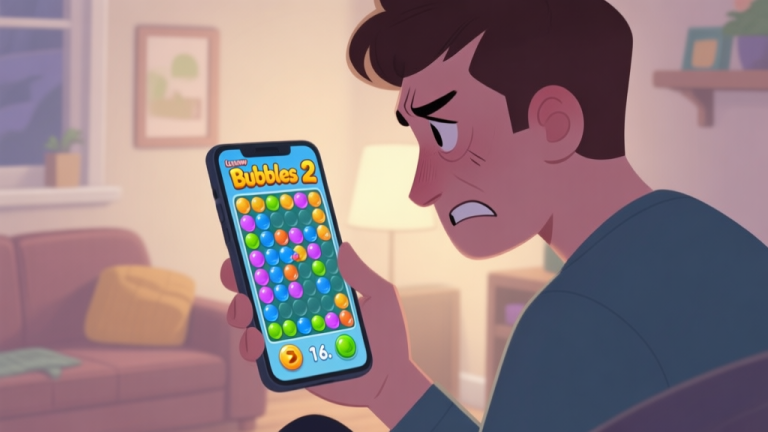自动生成图片: A frustrated player looking at a smartphone screen showing a cluttered Bubbles 2 game board with a low score, in a cozy room setting, soft lighting, muted colors high quality illustration, detailed, 16:9