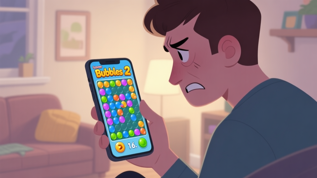A frustrated player looking at a smartphone screen showing a cluttered Bubbles 2 game board with a low score, in a cozy room setting, soft lighting, muted colors high quality illustration, detailed, 16:9