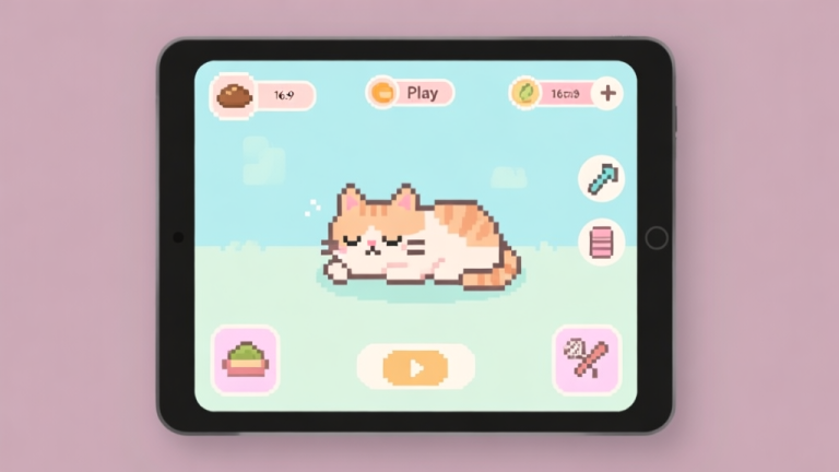 自动生成图片: A cozy, minimalist digital illustration of a tablet screen showing a cute cat simulation game interface, with soft pastel colors, simple icons for food, play, and grooming, and a sleepy pixel-art cat in the center high quality illustration, detailed, 16:9