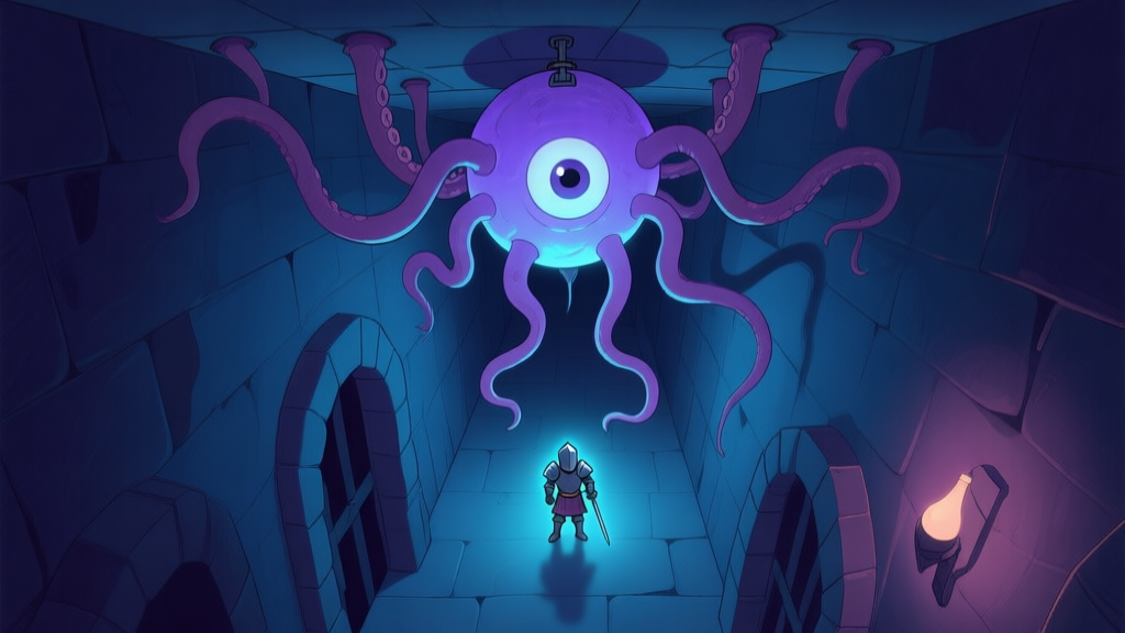 A stylized, top-down view of a dark game dungeon corridor. A glowing, spherical creature with a single large eye (a Roper) is attached to the ceiling, with multiple elastic tentacles stretching down towards a tiny, illuminated knight figure below. The art style is semi-realistic with soft lighting and a muted color palette focusing on blues and purples. high quality illustration, detailed, 16:9