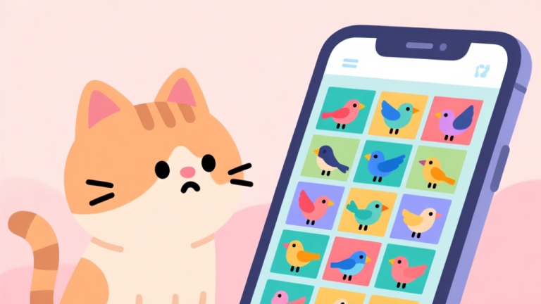 自动生成图片: A cute, stylized cartoon cat looking puzzled at a colorful grid of birds on a mobile phone screen, soft pastel background, flat design style high quality illustration, detailed, 16:9