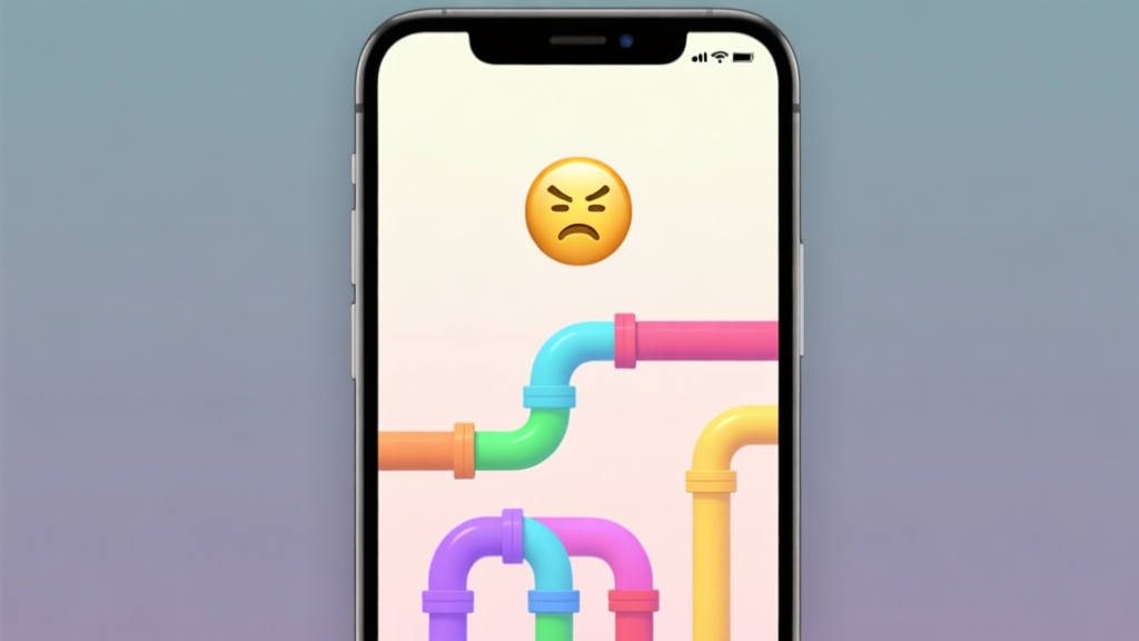 A clean, minimalist game interface of a pipe puzzle on a mobile screen, showing a few incorrectly connected colorful pipes against a soft pastel background, with a frustrated emoticon hovering above high quality illustration, detailed, 16:9