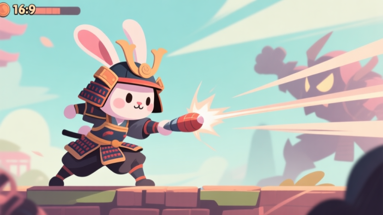 自动生成图片: A cute but determined rabbit samurai character in a side-scrolling game scene, mid-action, dodging a projectile from a stylized enemy, soft pastel colors, dynamic lines showing movement high quality illustration, detailed, 16:9