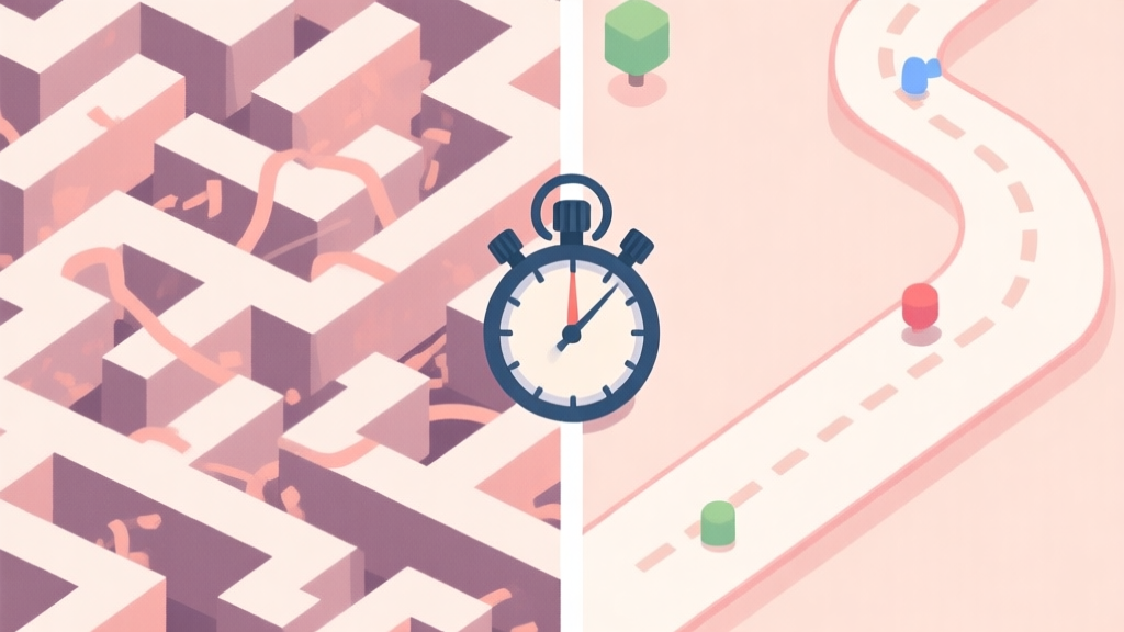 Split-screen illustration showing a chaotic maze path on the left and a clean, optimized route on the right, with a stopwatch in the center, soft pastel color palette, minimalist game art style high quality illustration, detailed, 16:9