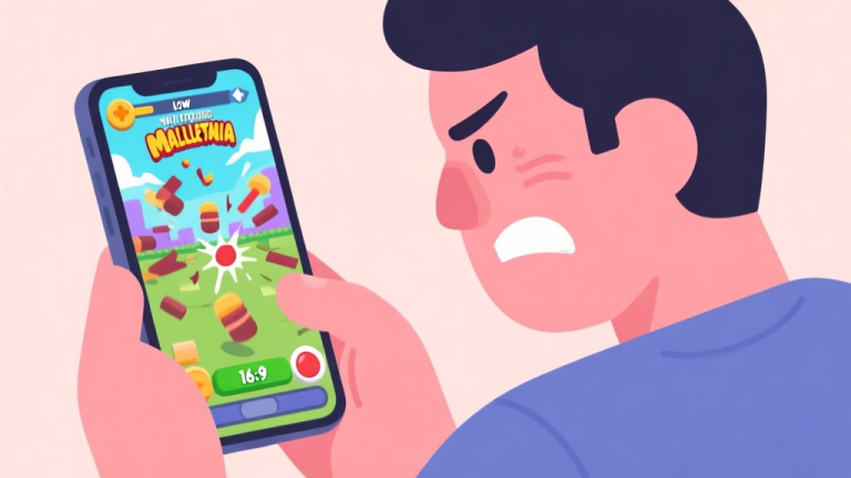 自动生成图片: A frustrated player looking at a smartphone screen showing a chaotic Malletmania game scene with missed hits and low score, in a flat illustration style with soft pastel colors high quality illustration, detailed, 16:9