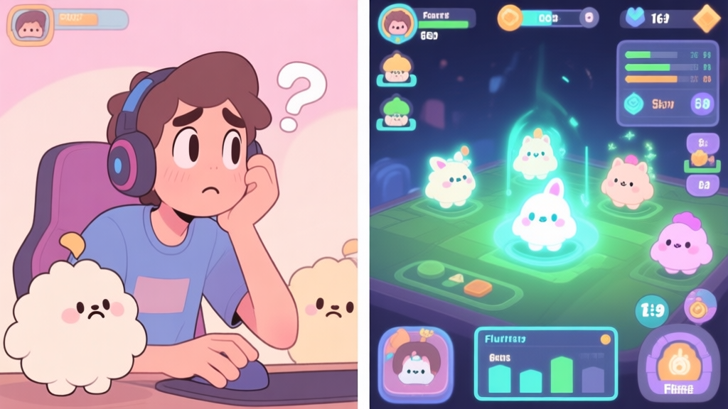A split-screen illustration showing a casual player with basic Fluffy characters on the left looking confused, and a strategic player on the right with glowing, rare Fluffy variants and complex UI stats visible, in a soft pastel game art style high quality illustration, detailed, 16:9