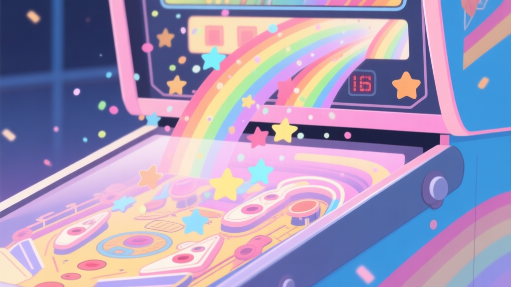 A vibrant yet soothing illustration of a pinball machine interface with cascading rainbow-colored stars and gentle particle effects, soft pastel color palette, digital arcade aesthetic high quality illustration, detailed, 16:9