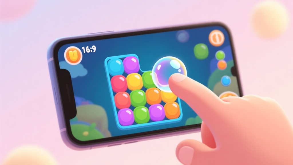 A smartphone screen showing a colorful bubble puzzle game mid-play, with a hand about to tap a bubble, soft pastel background, cozy gaming atmosphere high quality illustration, detailed, 16:9