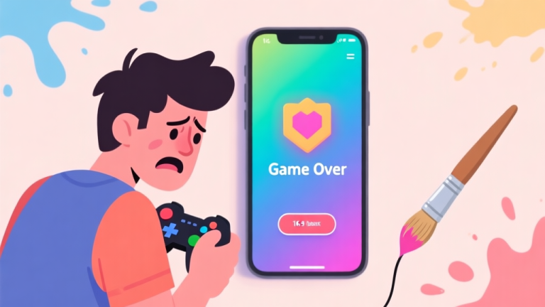 自动生成图片: A frustrated mobile gamer looking at a colorful 'Game Over' screen on a phone, with a simple paintbrush and paint splatter in the background, soft pastel colors high quality illustration, detailed, 16:9