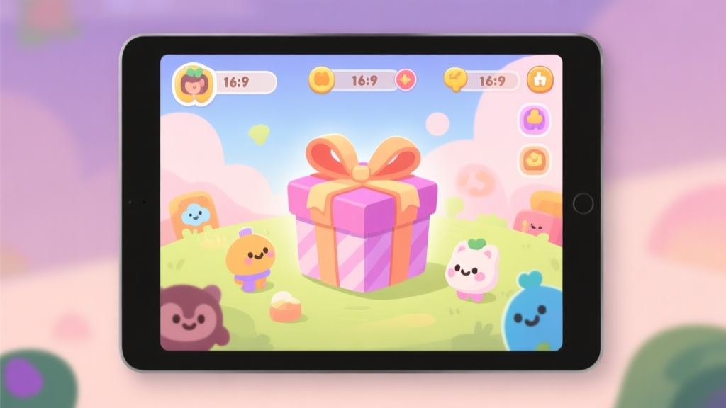 A cozy, inviting game interface on a tablet screen, showing a beautifully wrapped gift box with a ribbon, placed among cute game characters and soft pastel background colors, flat illustration style high quality illustration, detailed, 16:9
