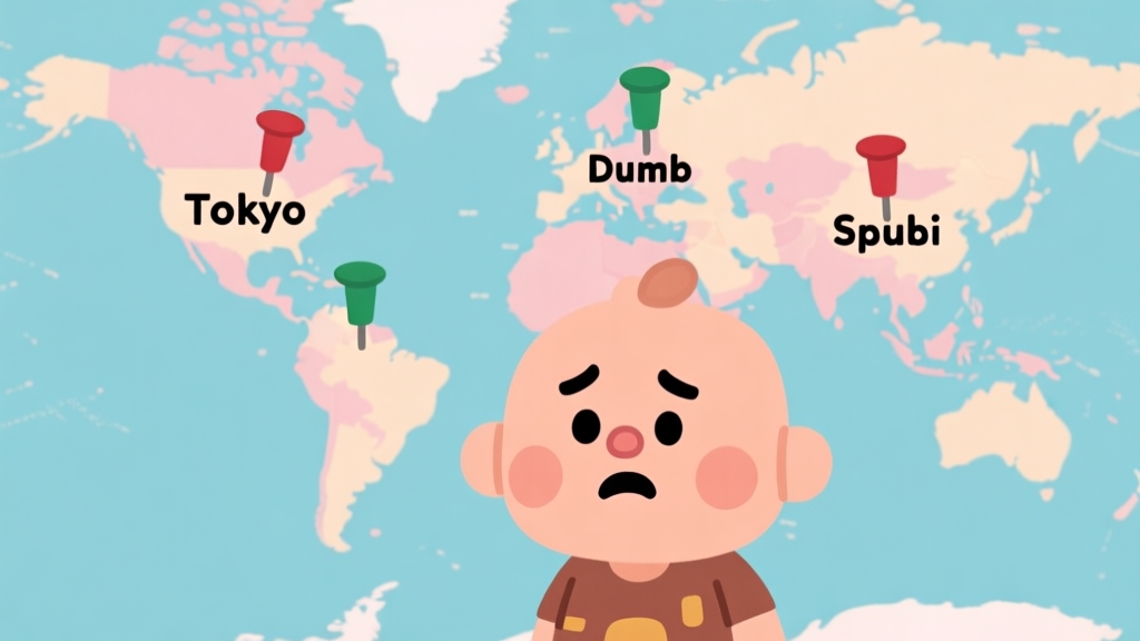 A cute, clumsy character from Dumb Ways to Die looking confused in front of a world map with pins in Tokyo, Dubai, and Spain, flat cartoon style, soft pastel colors high quality illustration, detailed, 16:9