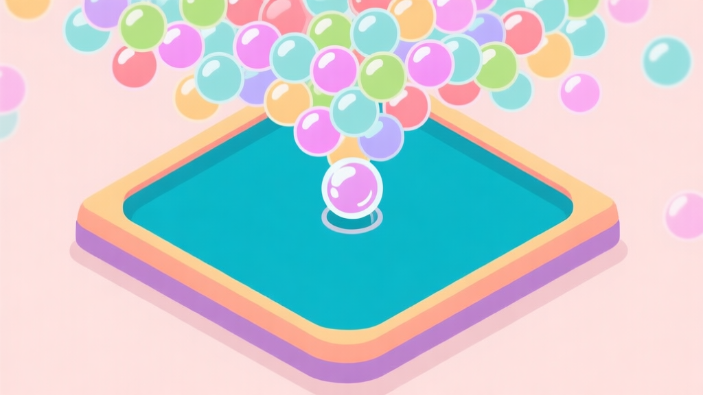 A top-down view of a colorful bubble shooter game board, with a single crucial bubble shot about to connect and trigger a cascade of popping bubbles across the entire screen, soft pastel color palette, clean vector illustration high quality illustration, detailed, 16:9