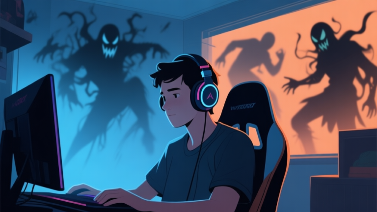 自动生成图片: An illustration of a calm, focused gamer wearing headphones in a dimly lit room, with chaotic, shadowy figures representing toxic players fading away in the background. Soft blue and warm orange color palette, digital art style. high quality illustration, detailed, 16:9
