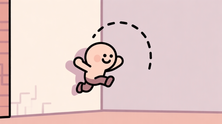 自动生成图片: A simple, friendly 2D game character practicing a wall jump against a plain wall, showing a dashed arc trajectory from the wall, soft pastel colors, clean lines, no background detail high quality illustration, detailed, 16:9