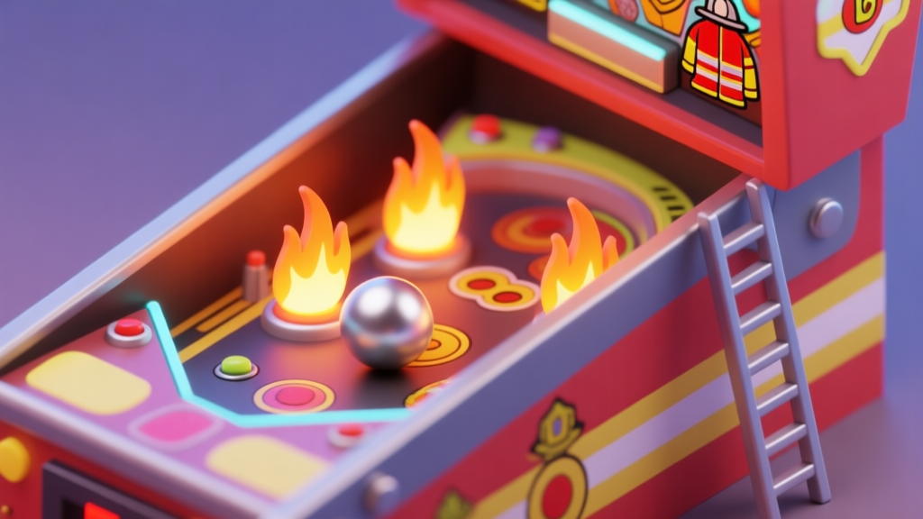 An isometric view of a vibrant pinball machine with a firefighter theme, showing a silver ball in play, illuminated bumpers shaped like flames, and a miniature ladder, all in a soft, warm color palette with neon accents high quality illustration, detailed, 16:9