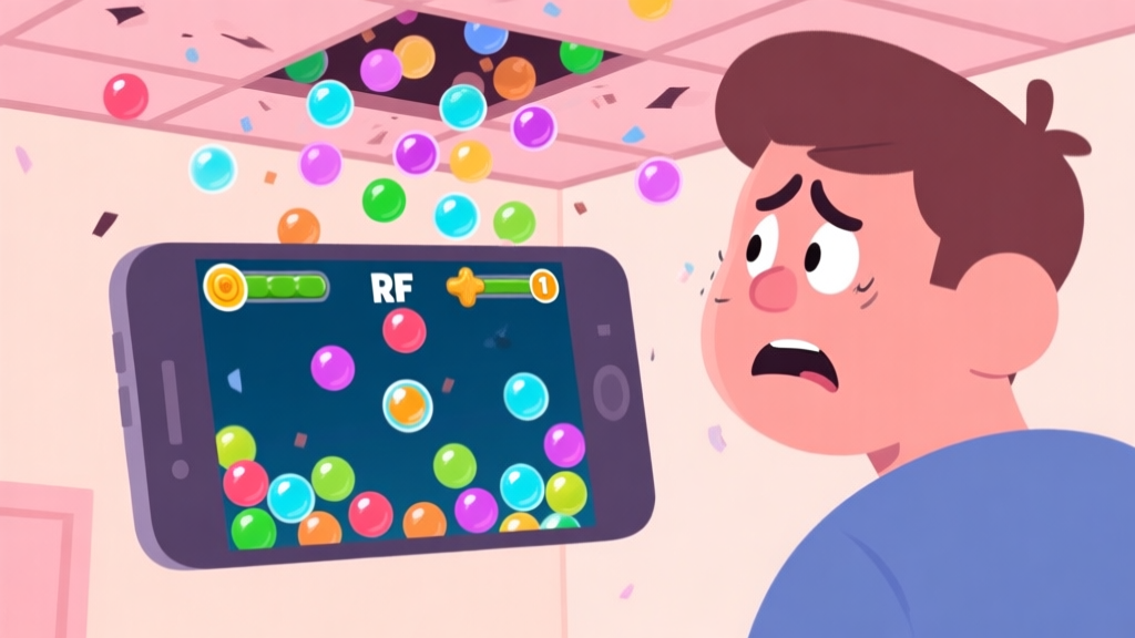 A frustrated player looking at a messy Bubble Shooter RF game screen on a mobile device, with bubbles of many colors chaotically arranged and the ceiling dangerously low, in a flat cartoon style with soft pastel colors high quality illustration, detailed, 16:9