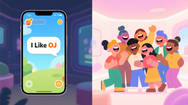 自动生成图片: A split-screen illustration showing a casual mobile game interface on one side with a chat bubble saying 'I Like OJ', and on the other side, a group of stylized, diverse avatars laughing together in a virtual space, soft pastel colors high quality illustration, detailed, 16:9