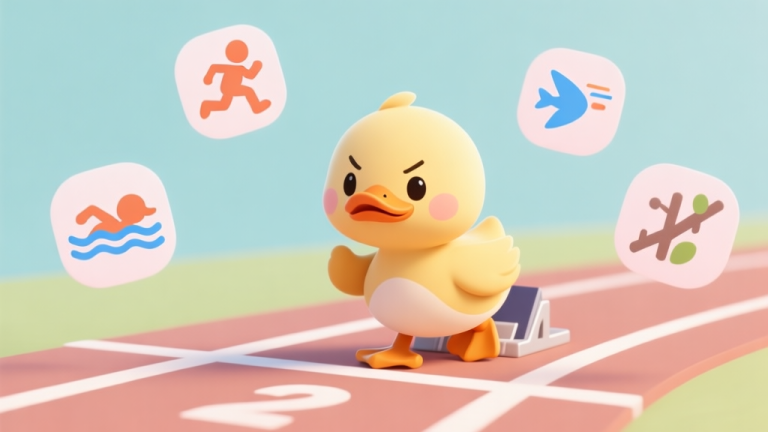 自动生成图片: A cute cartoon duckling looking determined, standing at the starting line of a simple race track, with icons for running, swimming, flying, and climbing floating around it in a soft pastel color palette high quality illustration, detailed, 16:9