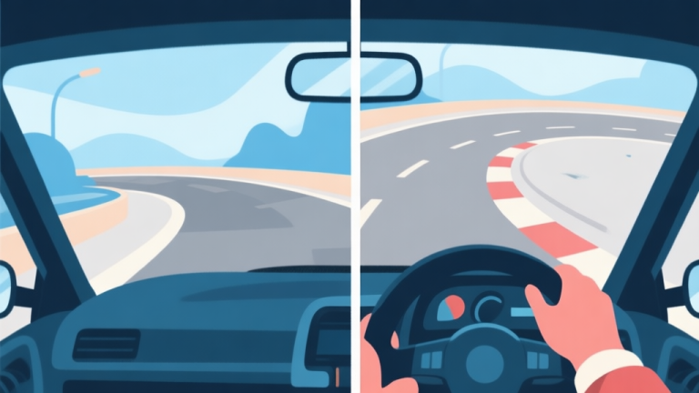 自动生成图片: Split-screen comparison of a smooth right-hand turn and a challenging left-hand turn in a stylized racing game, showing the driver's perspective, soft color palette with blues and greys high quality illustration, detailed, 16:9
