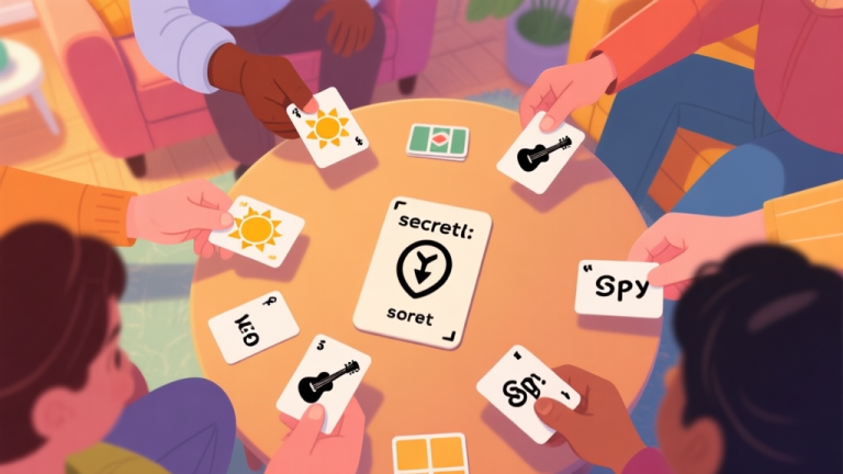 自动生成图片: A top-down view of a vibrant, cozy living room setting. Hands of diverse people are placing down clue cards with simple illustrations and words like "Sun", "Guitar", and "Spy" around a central secret word card. The atmosphere is warm and social, with soft focus on the game components. high quality illustration, detailed, 16:9