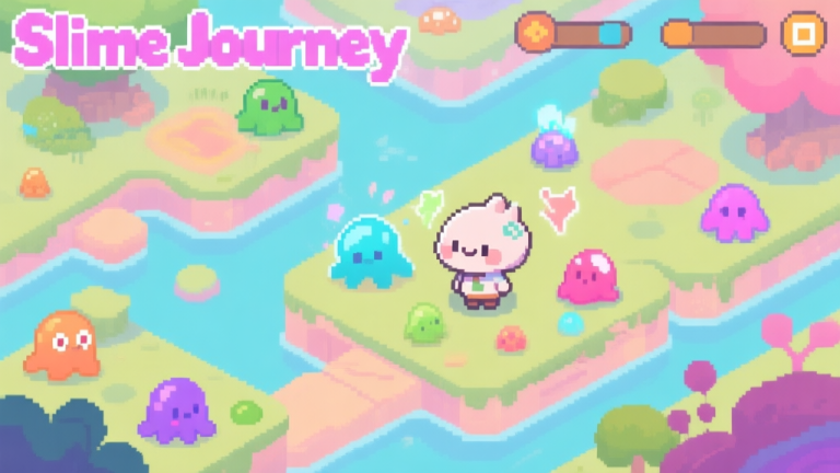 自动生成图片: A serene, top-down view of a vibrant pixel-art game world titled 'Slime Journey', showing a cute character surrounded by various rare slimes with unique colors and effects in different biomes, soft pastel color palette high quality illustration, detailed, 16:9
