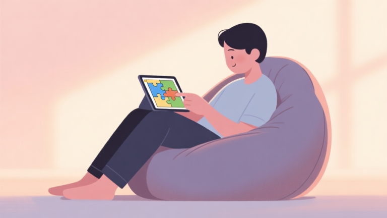 自动生成图片: A cozy, minimalist illustration of a person relaxing in a beanbag chair, playing a simple puzzle game on a tablet, with soft pastel colors and a warm, calming light in the background high quality illustration, detailed, 16:9