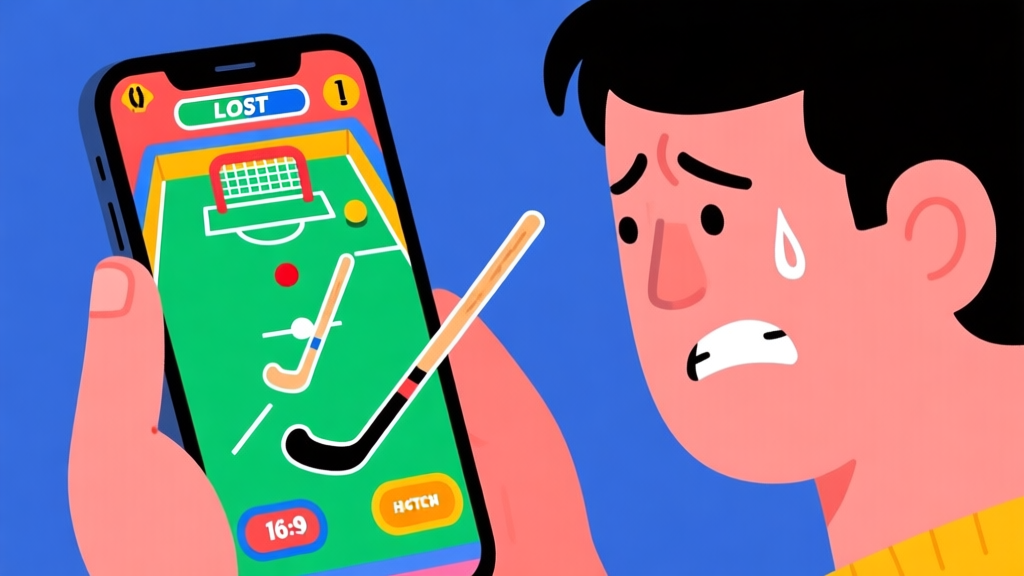 A frustrated person looking at their phone screen showing a lost match in a colorful pocket hockey game, with a simple diagram overlay showing basic stick positions high quality illustration, detailed, 16:9