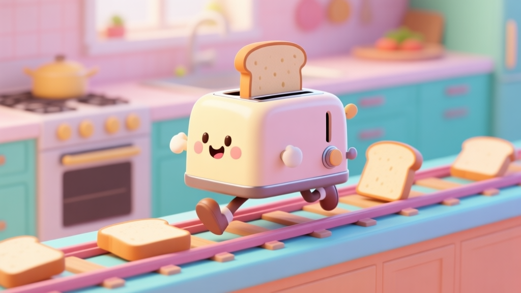A cute, cartoon-style toaster with a happy face and little legs running on a vibrant kitchen counter track, with slices of bread as obstacles, soft pastel color palette high quality illustration, detailed, 16:9