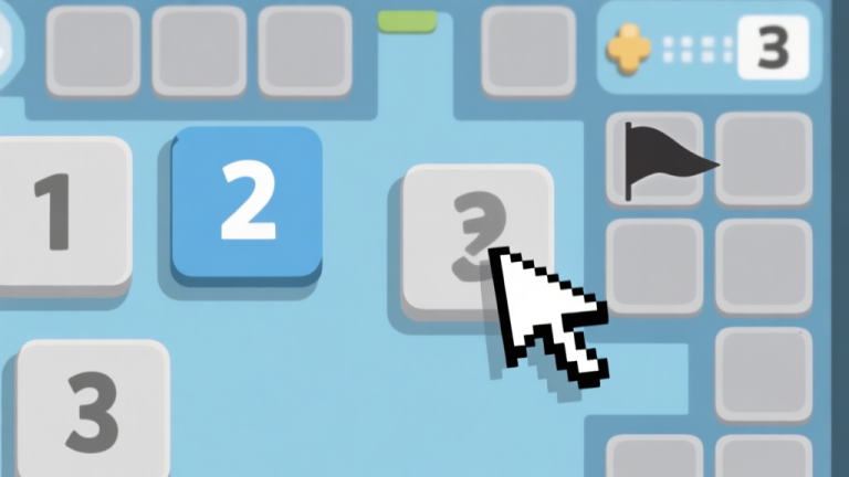自动生成图片: A close-up view of a Minesweeper 3 game board mid-play, showing a mix of revealed numbered tiles (1, 2, 3) and unflagged gray squares, with a cursor hovering confidently over a safe tile. Soft, minimalist game aesthetic with a calming blue and gray color palette. high quality illustration, detailed, 16:9