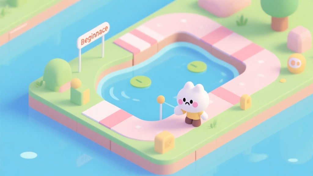 A cheerful, isometric view of a Pond Race level with beginner-friendly elements, soft pastel colors, clear paths, and a cute character hesitating at the start, flat design style high quality illustration, detailed, 16:9