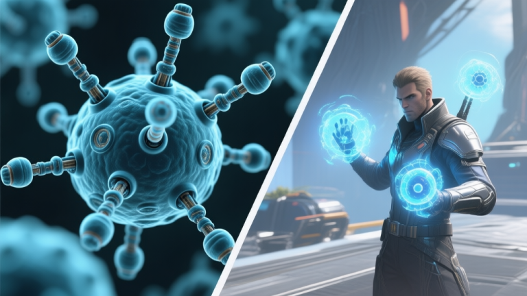 自动生成图片: A split-screen concept art showing on one side a microscopic view of intricate nanobots, and on the other side a video game scene with a character using nano-based abilities, soft glowing blues and metallic greys high quality illustration, detailed, 16:9