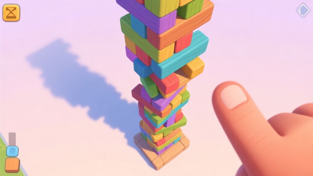 A top-down view of a wobbly, tall tower made of colorful wooden blocks in a mobile game style, with a frustrated player's finger hovering, soft pastel background high quality illustration, detailed, 16:9