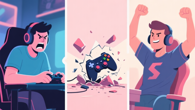 自动生成图片: A split-screen illustration showing a frustrated gamer on the left and a triumphant, confident gamer on the right, with a symbolic crushed game controller or obstacle in the middle, in a soft pastel color palette high quality illustration, detailed, 16:9