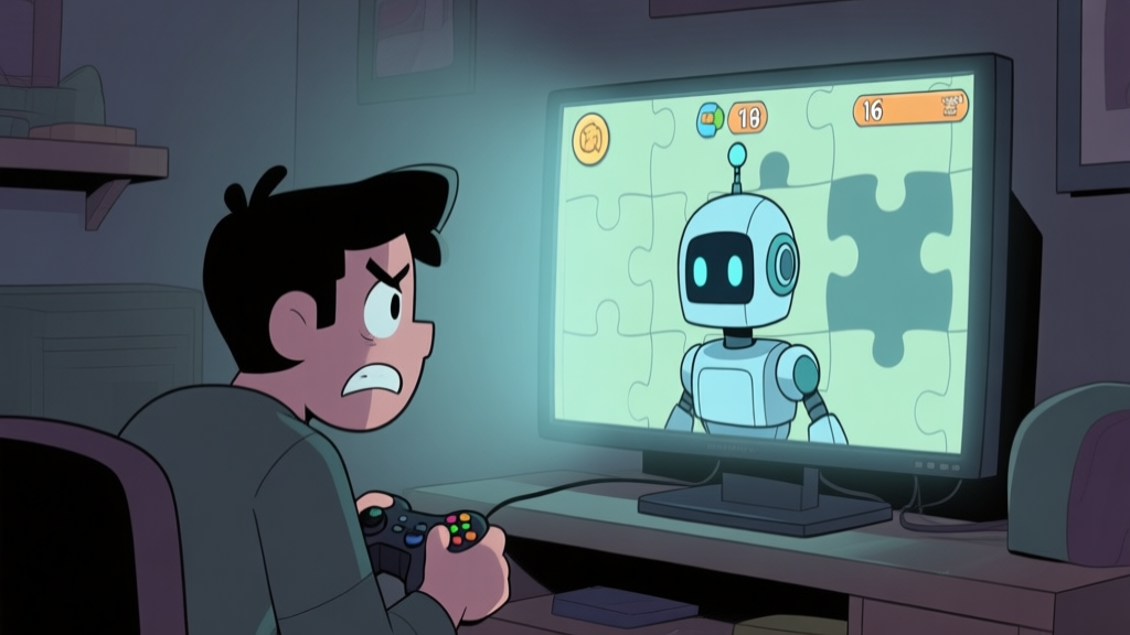 A frustrated gamer looking at a puzzle game screen with a dormant robot character, soft glow from the monitor in a dimly lit room, muted colors, cartoon illustration style high quality illustration, detailed, 16:9