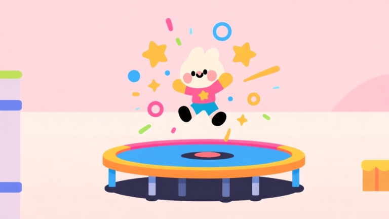 自动生成图片: A vibrant, minimalist 2D game scene showing a cute character mid-bounce on a colorful trampoline, with satisfying particle effects (stars and circles) emanating from the point of contact, soft pastel background, clean lines high quality illustration, detailed, 16:9