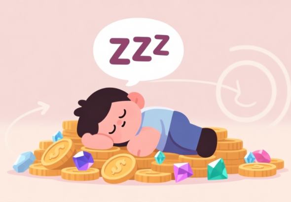 自动生成图片: A cozy, minimalist illustration of a video game character sleeping on a pile of coins and gems, with a large "ZZZ" bubble above its head. The scene is stuck in a loop, indicated by a subtle circular arrow. Soft pastel color palette. high quality illustration, detailed, 16:9