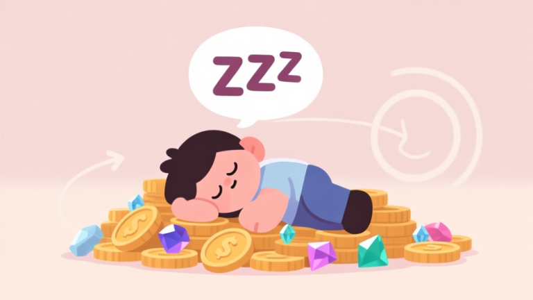 自动生成图片: A cozy, minimalist illustration of a video game character sleeping on a pile of coins and gems, with a large "ZZZ" bubble above its head. The scene is stuck in a loop, indicated by a subtle circular arrow. Soft pastel color palette. high quality illustration, detailed, 16:9