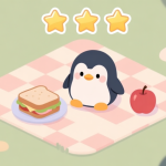 自动生成图片: A minimalist, cozy game scene showing a cute penguin character on a checkered picnic blanket, surrounded by simple food items like a sandwich and an apple, with a three-star rating displayed overhead in a soft pastel color palette high quality illustration, detailed, 16:9