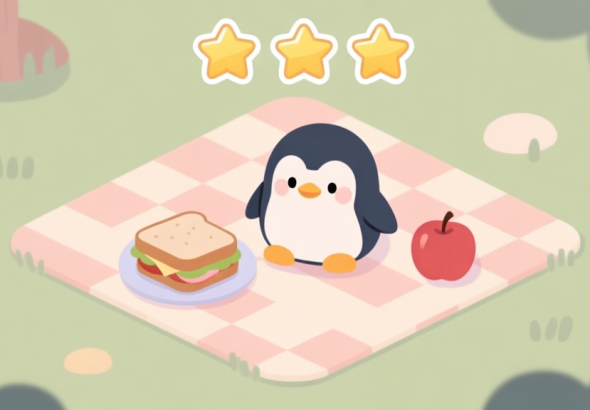 自动生成图片: A minimalist, cozy game scene showing a cute penguin character on a checkered picnic blanket, surrounded by simple food items like a sandwich and an apple, with a three-star rating displayed overhead in a soft pastel color palette high quality illustration, detailed, 16:9