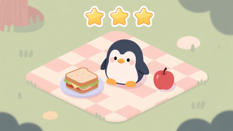 自动生成图片: A minimalist, cozy game scene showing a cute penguin character on a checkered picnic blanket, surrounded by simple food items like a sandwich and an apple, with a three-star rating displayed overhead in a soft pastel color palette high quality illustration, detailed, 16:9