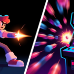 自动生成图片: Side-by-side comparison of a game character dodging a single projectile versus performing a double dodge through a complex bullet pattern, arcade game style, vibrant neon colors on dark background, dynamic motion blur high quality illustration, detailed, 16:9