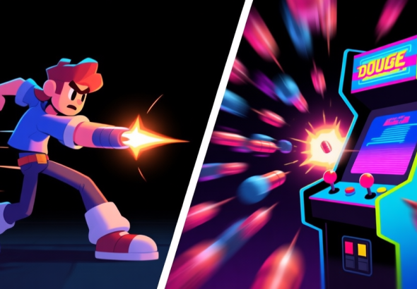 自动生成图片: Side-by-side comparison of a game character dodging a single projectile versus performing a double dodge through a complex bullet pattern, arcade game style, vibrant neon colors on dark background, dynamic motion blur high quality illustration, detailed, 16:9