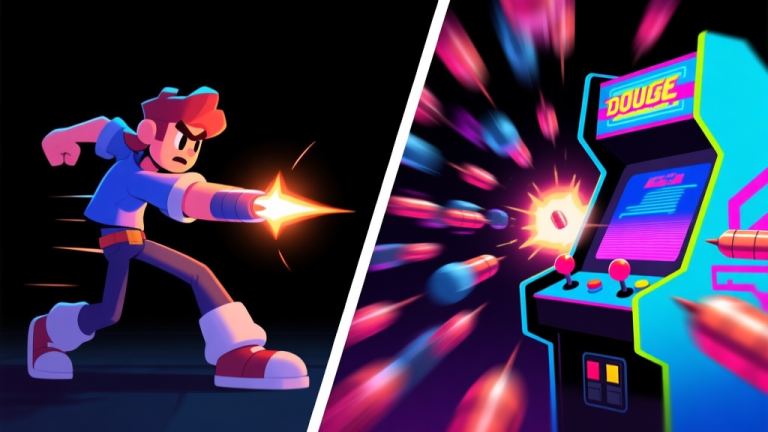 自动生成图片: Side-by-side comparison of a game character dodging a single projectile versus performing a double dodge through a complex bullet pattern, arcade game style, vibrant neon colors on dark background, dynamic motion blur high quality illustration, detailed, 16:9