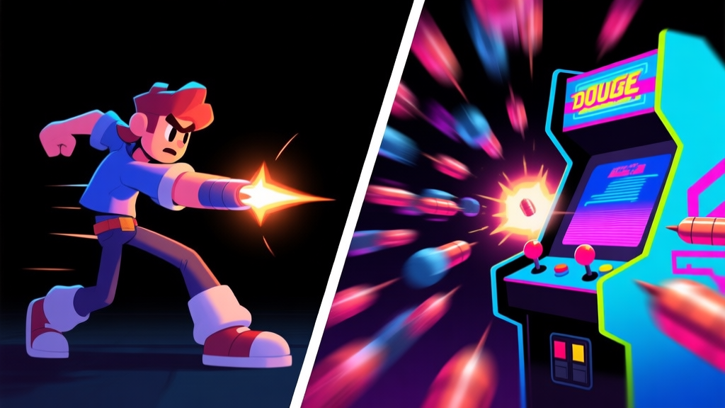 Side-by-side comparison of a game character dodging a single projectile versus performing a double dodge through a complex bullet pattern, arcade game style, vibrant neon colors on dark background, dynamic motion blur high quality illustration, detailed, 16:9