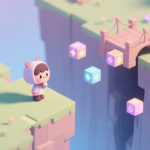 自动生成图片: A serene, isometric game scene showing a cute character looking thoughtfully across a wide chasm, with scattered magical bridge-building blocks floating nearby, soft pastel color palette, calm lighting high quality illustration, detailed, 16:9