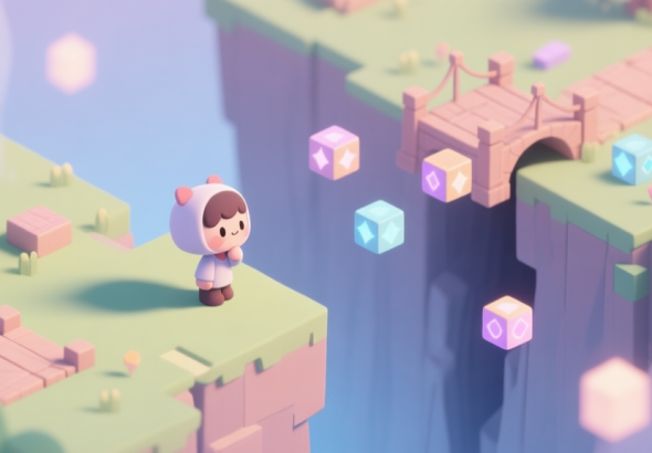 自动生成图片: A serene, isometric game scene showing a cute character looking thoughtfully across a wide chasm, with scattered magical bridge-building blocks floating nearby, soft pastel color palette, calm lighting high quality illustration, detailed, 16:9