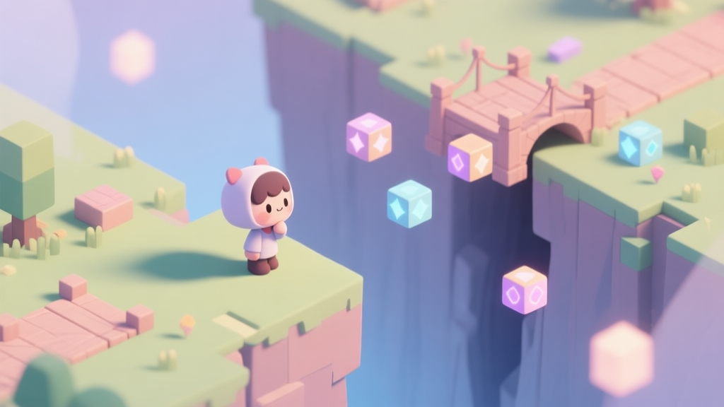 A serene, isometric game scene showing a cute character looking thoughtfully across a wide chasm, with scattered magical bridge-building blocks floating nearby, soft pastel color palette, calm lighting high quality illustration, detailed, 16:9