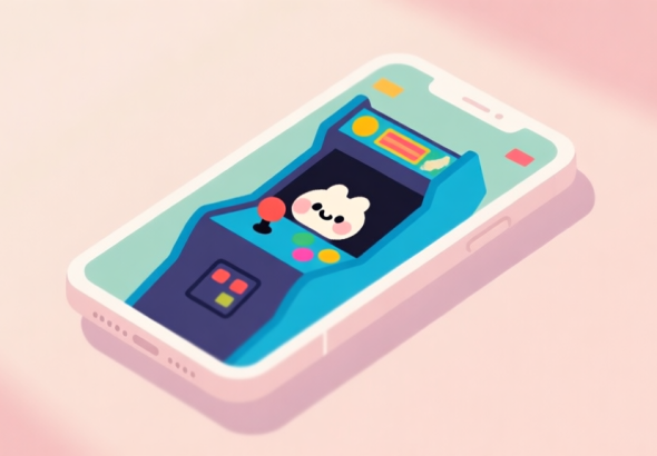 自动生成图片: A minimalist, cozy illustration of a smartphone screen showing a simple, colorful arcade game with a cute character, placed on a soft pastel background. The style is flat design with gentle shadows, evoking a sense of calm and retro charm. high quality illustration, detailed, 16:9