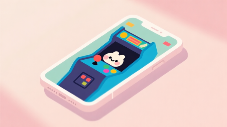 自动生成图片: A minimalist, cozy illustration of a smartphone screen showing a simple, colorful arcade game with a cute character, placed on a soft pastel background. The style is flat design with gentle shadows, evoking a sense of calm and retro charm. high quality illustration, detailed, 16:9